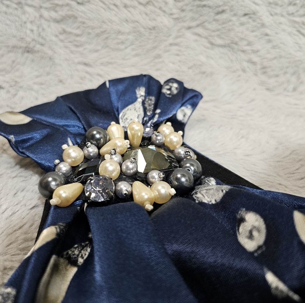 David Meister Blue Pearl Satin One Shoulder Sheath Cocktail Dress Jewel Print 6 - Picture 12 of 15